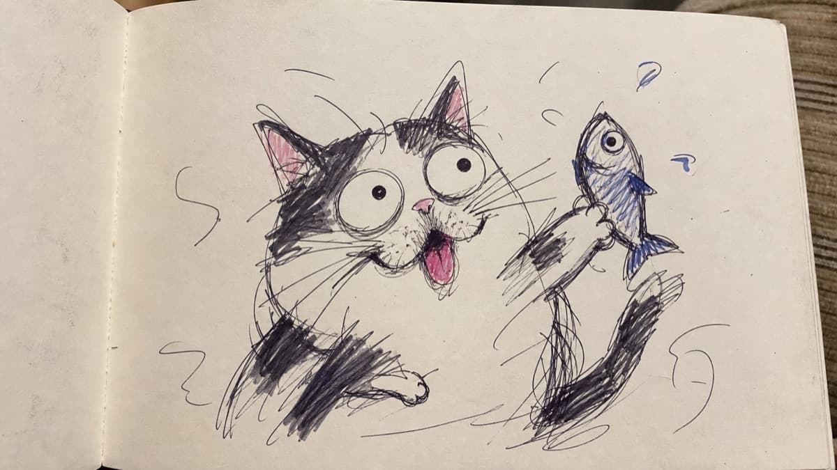 Cat and blue bird sketch
